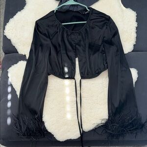 Black Feather Cuff Satin Bolero Top